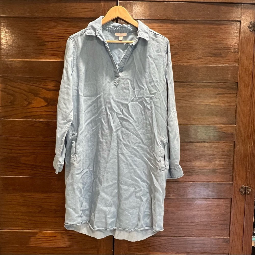 ✅Como vintage medium Light Blue Shirt Dress Tunic Top chambray vneck 100% lyocel